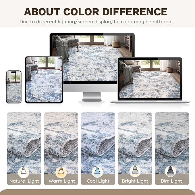 DMOYEST 4x6 Area Rug - Washable & Non Slip Indoor Rug for Living Room, Ultra Soft Abstract Low Pile Carpet, Kid & Pet Friendly Neutral Decor for Bedroom - Blue
