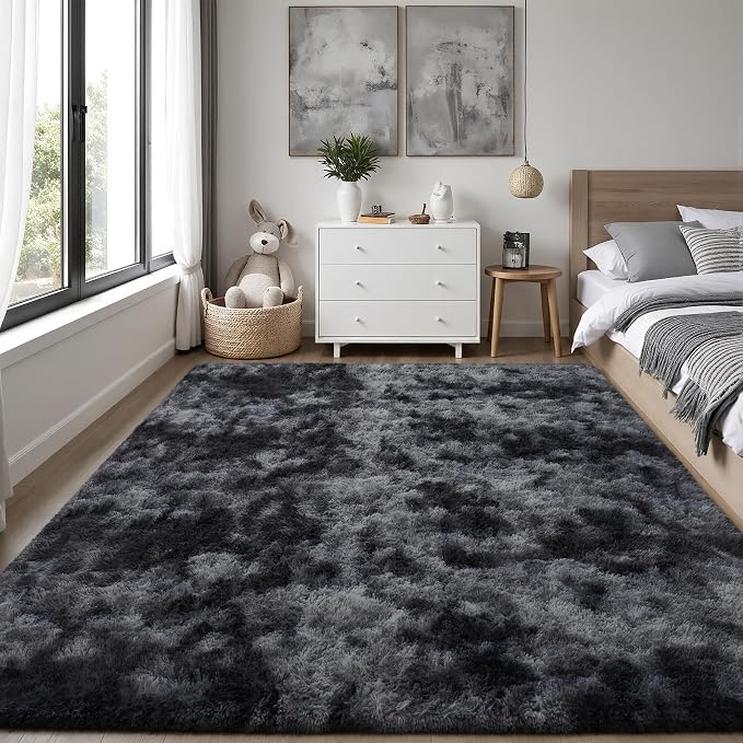 Area Rug for Living Room Bedroom:6x9 Black Grey Soft Fluffy Shag Upgrade Non-Slip High Pile Carpet Large Fuzzy Plush Indoor Floor Decor Shaggy Rug for Kid Boys Girls Playroom Nursery Modern Home