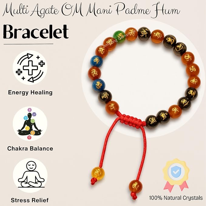 Amazing Gemstone Om Mani Multi Gems Bracelet for Women Men's Gifts - Protection Healing Crystal Bracelet - 8mm Gemstones Beaded Adjustable Bracelet Pulseras para Hombres Mujer Stocking Stuffers