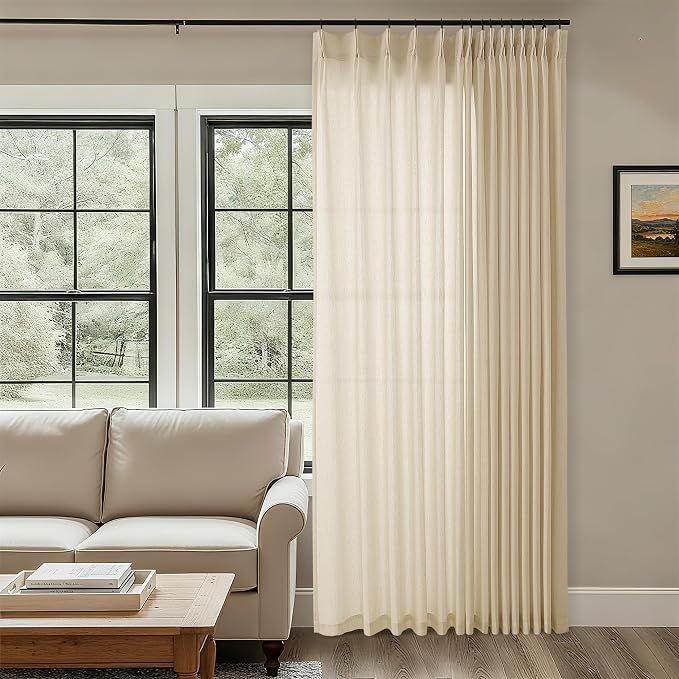 Linen Sheer Pleated Curtain 108 Inches Long 100 Inch Width Beige Tan | Light Filtering Semi Sheer Drapes, for Living Room Patio Sliding Door, Farmhouse, Extra Wide, 100x108 Curtains, 1 Panel