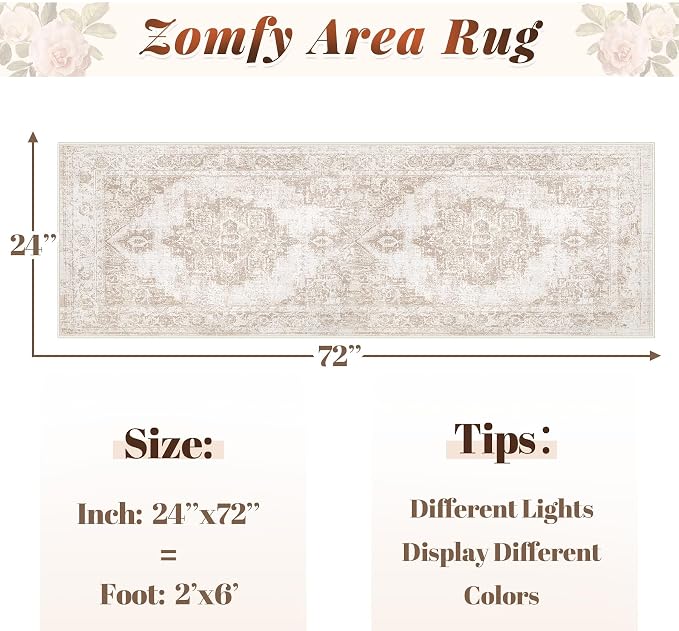 Area Rug 2x6 Runner Rug: Washable Vintage Hallway Rugs Indoor Medallion Rug Low Pile Distressed Floor Carpet Retro Accent Rugs for Kitchen Bedroom Bathroom Dining Room(Beige, 2'x6')