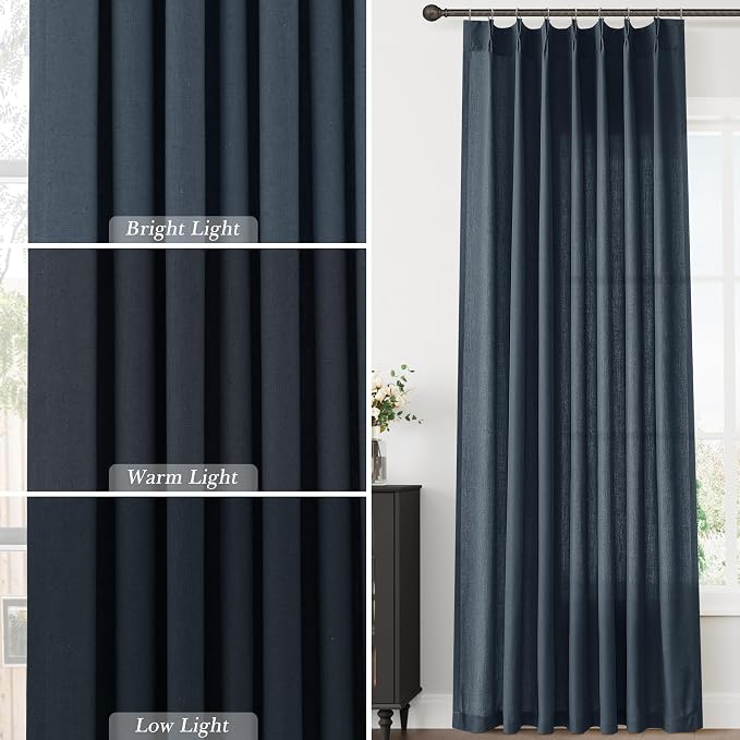 Aersas Vintage Blue Pinch Pleated Linen Curtains 120 Inches 2 Panels for Living Room Bedroom Privacy Windows Treatment Light Filtering Sliding Glass Door Curtain House Casual Decorations 40x120