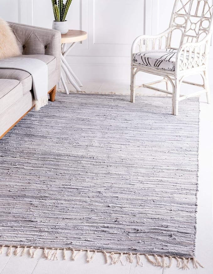 Unique Loom Chindi Cotton Collection Soft Hand Woven Natural Fiber Striped Area Rug, 2 ft 2 in x 3 ft in, Gray/Ivory