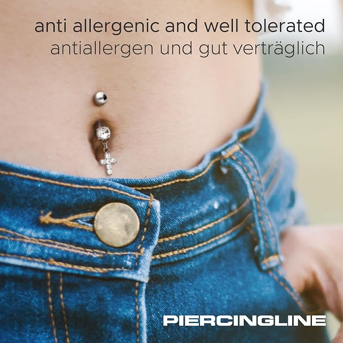 PIERCINGLINE Titanium Belly Button Ring with Crystals and Cross – Belly Button Piercing internally screwed 3 colors