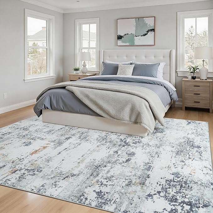 6x9 Area Rugs Living Room Rug Modern Abstract Neutral Washable Rugs Non Slip Soft Carpet Large Area Rug Low Pile Stain Resistant Non Shedding for Bedroom Nursery Dining Room Home Office Blue Grey