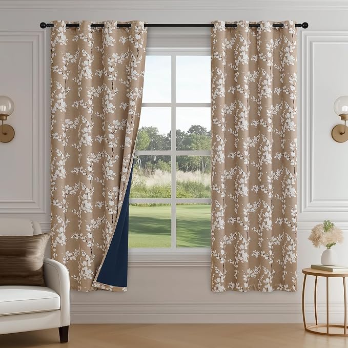 FMFUNCTEX 100% Blackout Brown Floral Curtains 63 Inch Grommet 2 Panels | Black Out Drapes, Thermal Insulated Cottage Farmhouse, Blossom Flower Patterned Curtain for Bedroom, Living Room Darkening