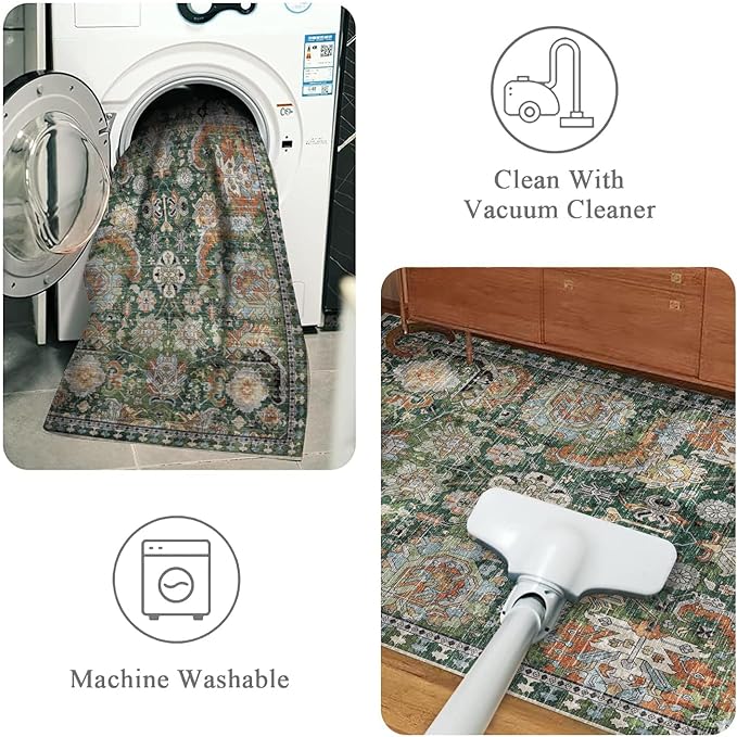 RUGSURE Washable Area Rugs - Perfect for Living Room, Bedroom, Kids Room, Nursery - Stain & Water Resistant Non-Slip, Pet & Child Friendly, Vintage Tribal Area Rugs (Green, 9' x 12')