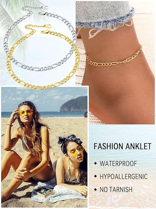 FaithHeart Waterproof Ankle Bracelets for Women, 1/2/3Pcs Non Tarnish Stainless Steel Layered Anklet Set Paperclip Figaro Cuban Link Chain Dainty Summer Beach Jewelry Gift Adjustable Size
