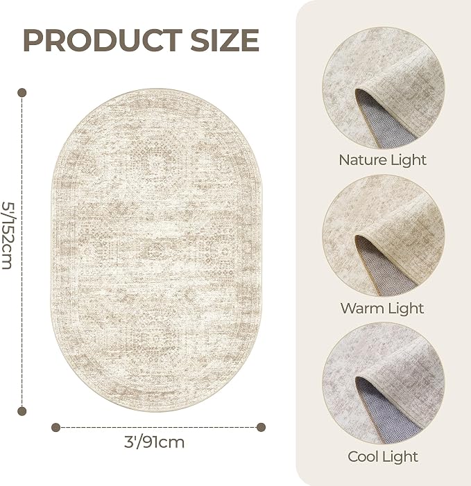 3x5 Oval Rug for Bedroom,Washable Area Rug,Beige | Small Rug for Dining Room,Living Room,Dorm,Thin,Soft, Neutral Rug,Stain Resistant Indoor Carpet,Non Slip