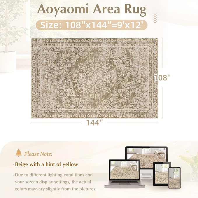 Vintage Living Room Area Rug - 9x12 Large Machine Washable Boho Area Rug Distressed Floral Rugs for Bedroom, Soft Non-Slip Indoor Floor Accent Rugs for Office Dining Room (Floral Brown, 9'x12')