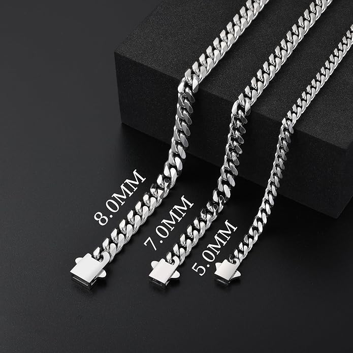 Fiusem Mens Silver Colored Bracelets for Men, Stainless Steel Cuban link Bracelet, 5mm/7mm/8mm Width, 7.1"/7.5"/7.9" Length Jewelry