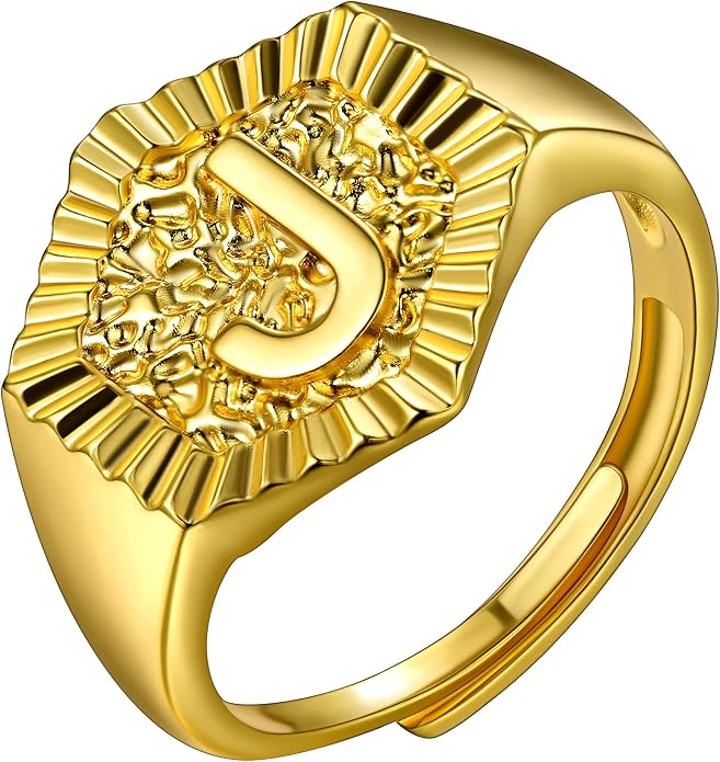 U7 Initial Ring Wedding Band for Men Women 18K Gold Plated Statement Hexagon A-Z Letter Jewelry Personalized Stackable Signet Rings