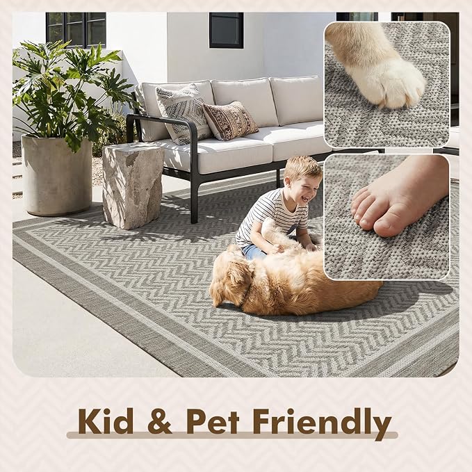 MontVoo-Outdoor Rug-Patio Rug 4x6 Polypropylene Indoor Outdoor Rugs Outdoor Carpet for Patio Deck Balcony Porch, Textured Weave, Durable for High Traffic, Fade-Resistant, Boho Farmhouse Neutral Grey