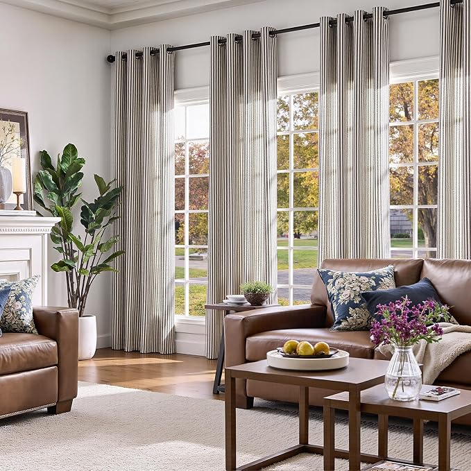 jinchan Linen Curtains 84 Inch Black Stripe on Beige Grommet 2 Panels | Curtains for Living Room Bedroom,Ticking Stripe Pattern,Farmhouse Cottage Core Rustic, Window Treatment,Light Filtering