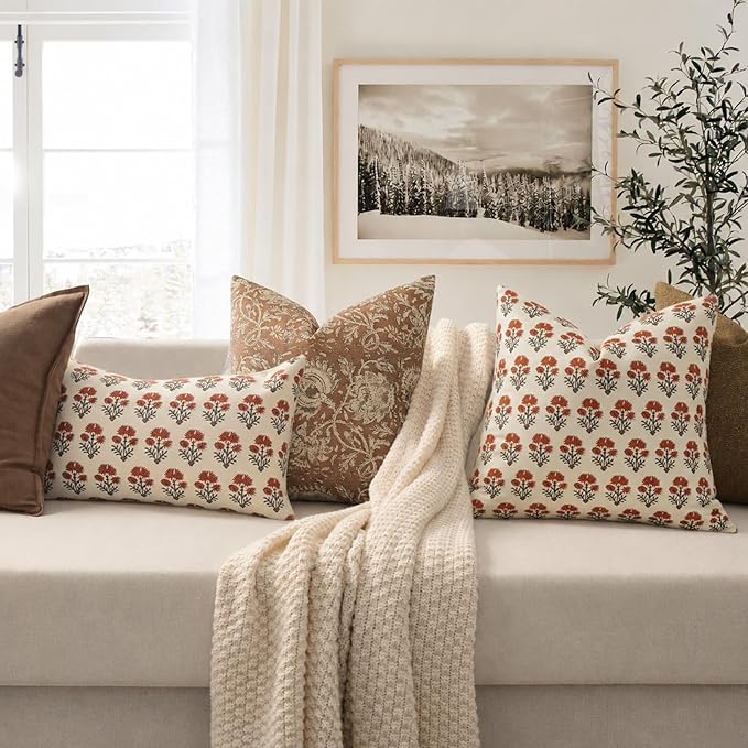 Farmhouse Floral Pillow Covers 20x20 Set of 2, Country Botanical Throw Pillow Cover for Sofa Couch Bed Living Room, Earthic Vintage Flower Cushion Covers Cottage Home Decor,Terracotta