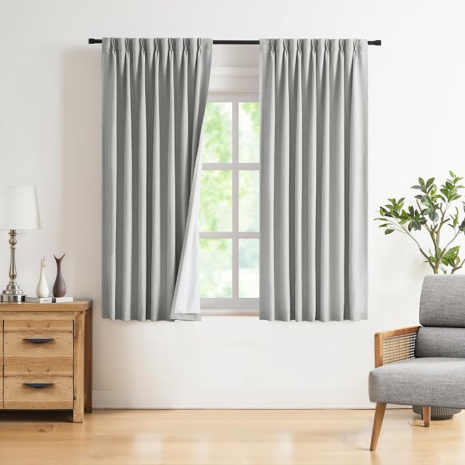 Vision Home Light Gray Pinch Pleated Full Blackout Curtains Linen Blended Room Darkening Curtain Panels 63 inch for Living Room Bedroom Thermal Insulated Pinch Pleat Drapes with Hooks 40" Wx63 Lx2