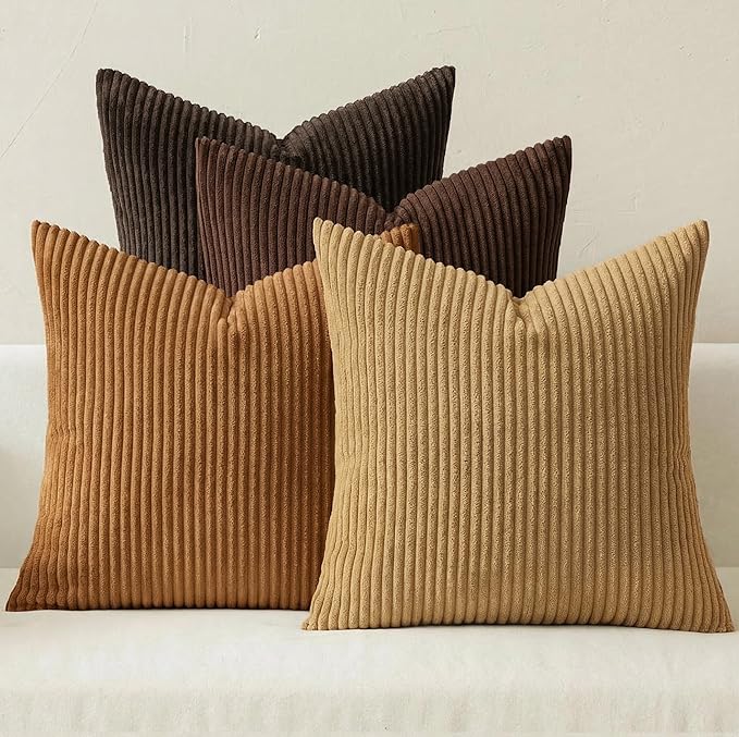 MIULEE Boho Farmhouse Throw Pillow Covers 18x18 Inch Set of 4 Rustic Mordern Neutral Cushion Covers Soft Corduroy Nordic Fall Home Decor for Couch Bed Sofa Living Room Camel Brown