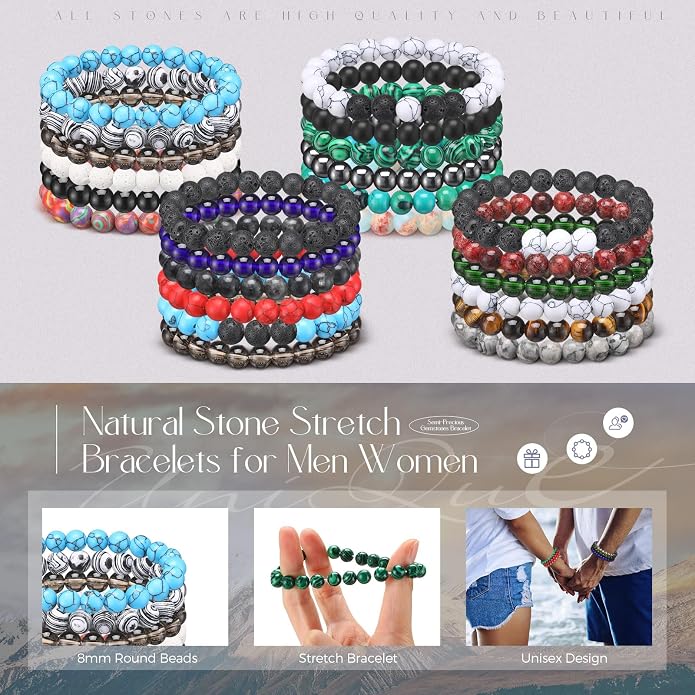 Landical 24 Pcs Gemstones Beaded Bracelets Bulk for Women Men 8mm Stretch Round Semi Precious Stone Bracelets Set