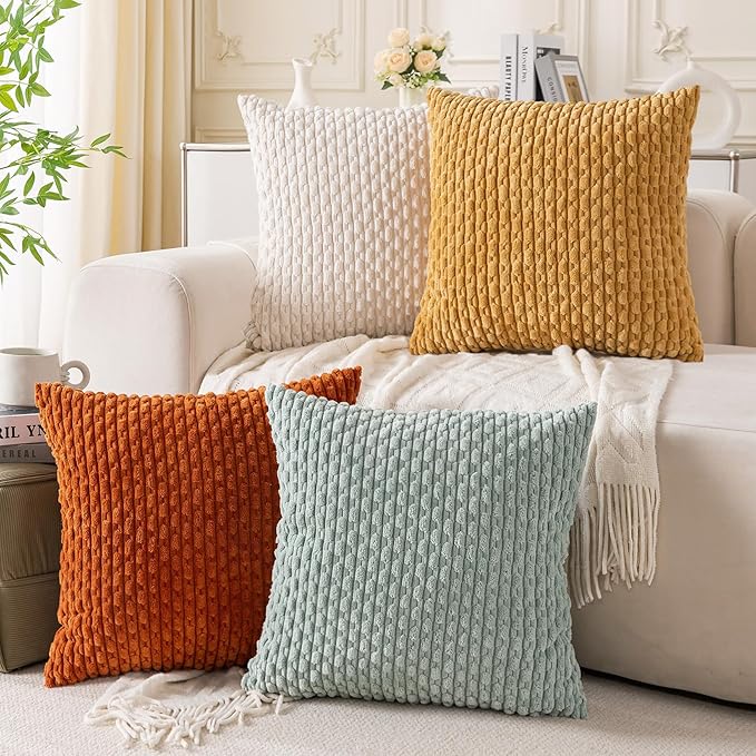 Set of 4 Yellow Rust Aqua Decorative Throw Pillow Covers 16x16 Inch Corduroy Pillow Covers for Bed Couch Sofa Living Room Soft Square Cushion Cases
