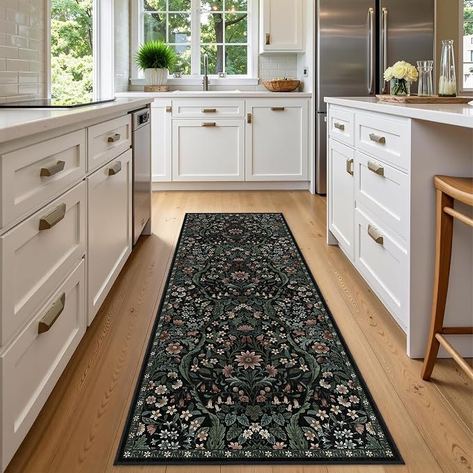 2x5 Washable Runner Rug,Black Floral Boho Area Rug for Hallway,Low-Pile Non-Slip Stain Resistant Carpet for Kitchen, Bedside,Laundry Room,Entryway