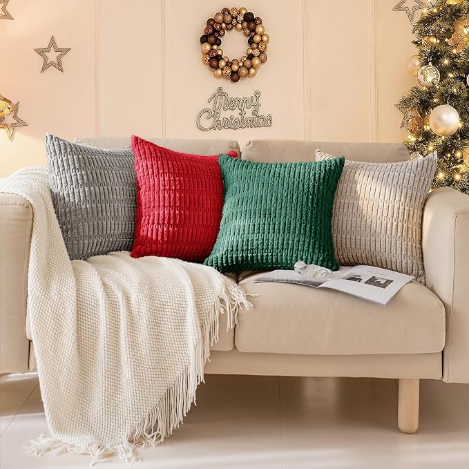 Softalker Corduroy Throw Pillow Covers 20x20 Set of 2, Soft Plush Decorative Square Cushion Cases for Living Room Couch Sofa, Modern Farmhouse Boho Home Decor 50x50cm, Red