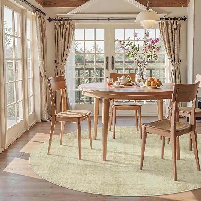 Joydeco 8ft Round Washable Area Rug Classic, Beige | Non-Slip Large Circle Carpet Low Pile for Living Room Bedroom Dining Room