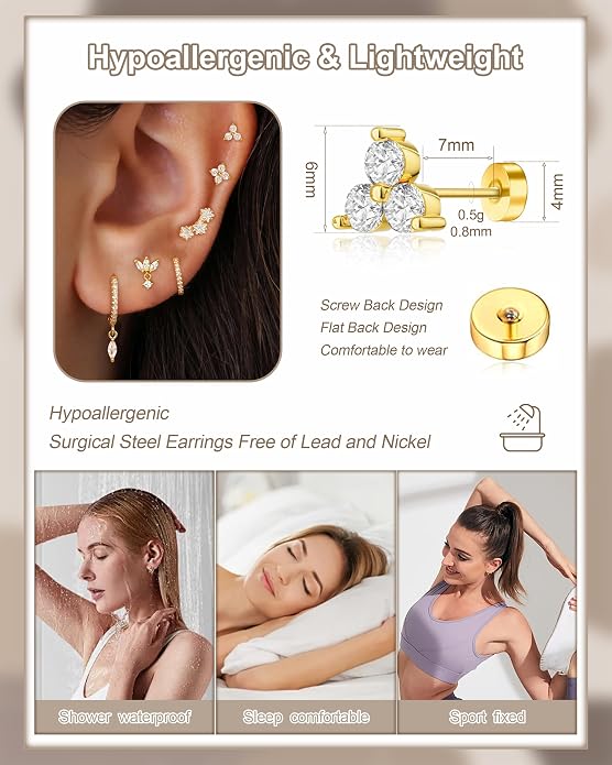14K Gold Plated Dainty Stud Hoop Earrings for Women 6 Pairs Huggie Hypoallergenic Silver Gold Flat Back Cartilage Stud Earrings Set for Multiple Piercing Luxury Cubic Zirconia Drop Earrings Jewelry Trendy Gifts