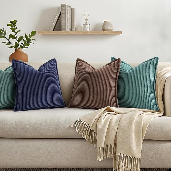 decorUhome Fall Corduroy Dark Navy Throw Pillow Covers 22x22 Set of 2 | Euro Sham Couch Decorative Soft Modern Boho Farmhouse Pillow Covers Broadside Striped Pillow Cases for Living Room Bed Sofa