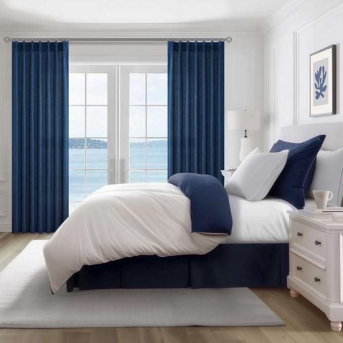 Navy Extra Long Light Filtering Sheer Curtains 108 Inches Long for Living Room 2 Panels with Ceiling Track, Textured Linen Pleated Curtains & Drapes 108 Inch Length Dinning Room Lush Decor Dark Blue