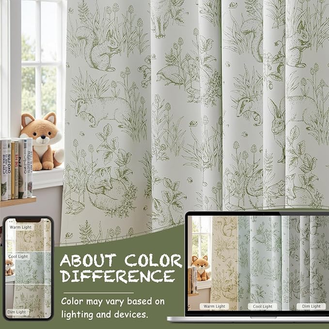 jinchan Green Blackout Curtains W38xL84 Whimsical Back Tab 2 Panels | Room darkening,nursery kids bedroom,privacy,whimsical,cottagecore,bunny pattern,botanical,nature-inspired decor