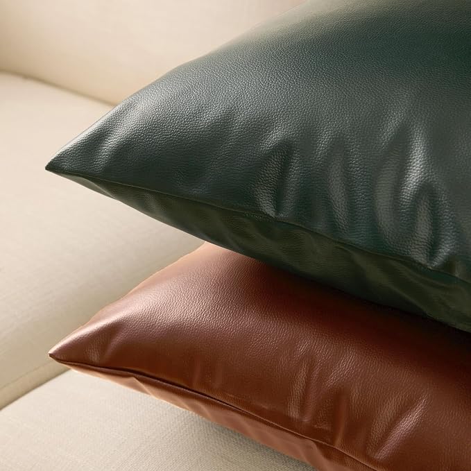 Encasa XO Faux Leather Throw Pillows Covers 24"x24" (Set of 2) | Tan Decorative Cushion Covers | Modern Farmhouse Pillow Cases for Outdoor, Living Room, Bedroom, Couch, Sofa