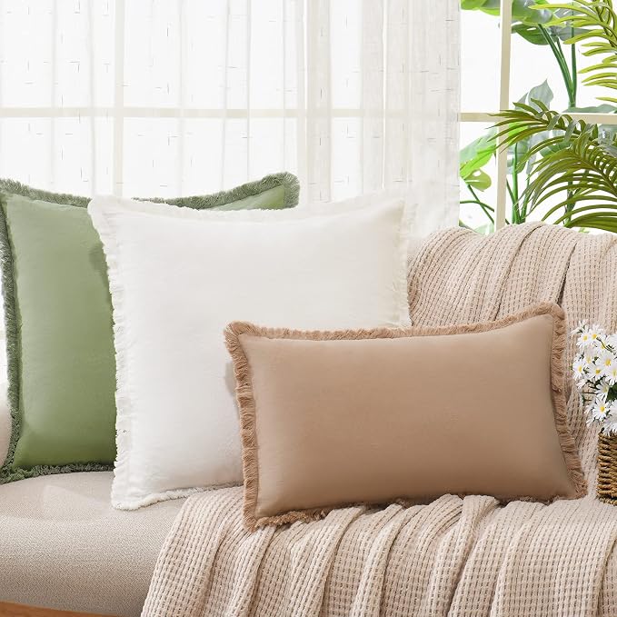 ZWJD Pillow Covers 22x22 Set of 2 Cream Throw Pillow Covers with Fringe Chic Cotton Decorative Pillows Square Cushion Covers for Sofa Couch Bed Living Room Farmhouse Boho Decor
