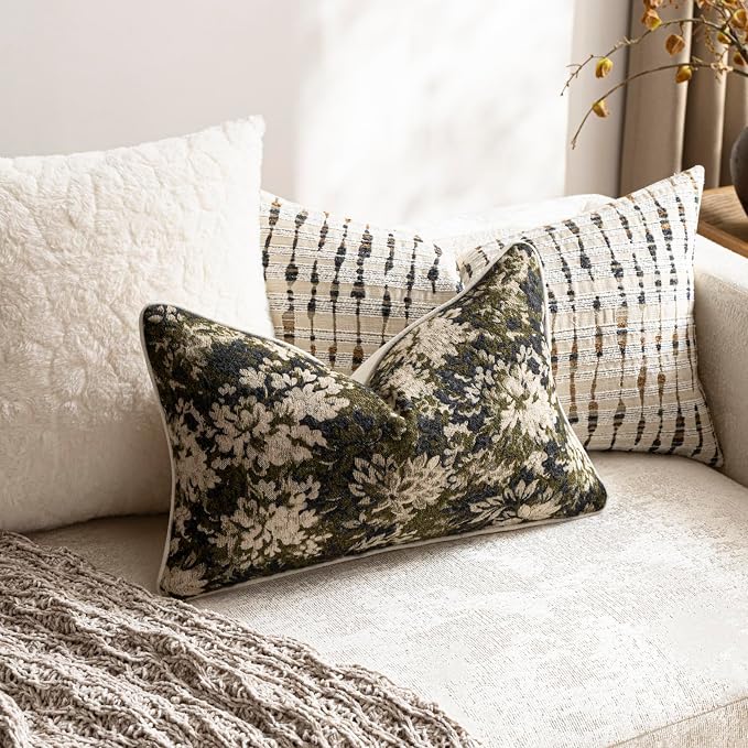 DEZENE Pack of 2 Vintage Floral Pillow Covers 12x20 Boho Farmhouse Accents Chenille Rectangular Lumbar Decorative Throw Pillow Cases for Living Room Couch Bed Home Decor, Olive Green