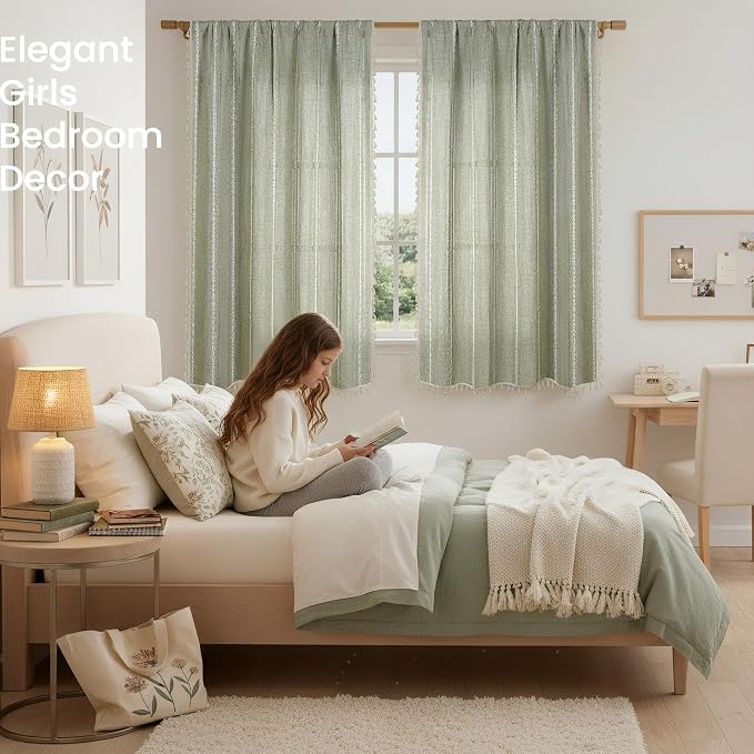 ColorBird Sage Green Boho Curtains Linen-Textured for Living Room Light Filtering Modern Farmhouse Whimsical Decor Drapes Embroidered Striped 63 Inch Length for Dining Room Bedroom
