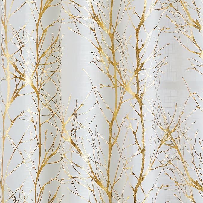 FMFUNCTEX Linen Gold White Semi Sheer Print Curtains 54 Inch Long 2 Panels | Metallic Branch Sheer Patterned Drapes, Light Filtering Grommet Panels for Modern Farmhouse Bedroom and Living Room Style