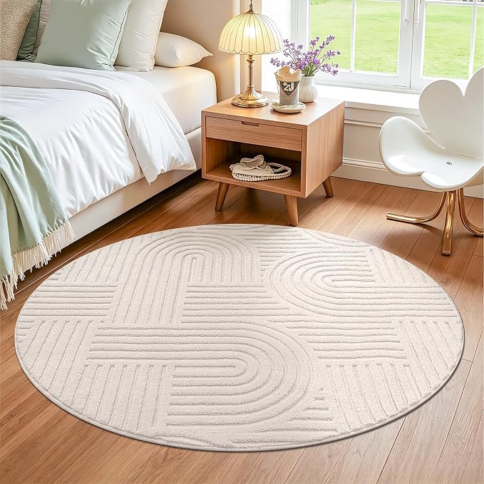 SHACOS Soft Cozy Fluffy Arch High Low Pile Round Rug 4ft Non Slip Washable Scandi Minimalist Circle Area Rug Modern Geometric Carpet for Living Room Bedroom Bathroom Kitchen, Beige