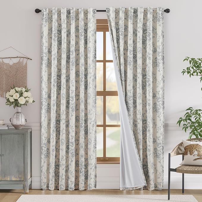 jinchan Grey Floral Linen Blackout Curtains Lined 90 Inch Back Tab 2 Panels | Blackout lining, room darkening drapes, farmhouse, vintage, cottagecore, rustic, bedroom, living room, window treatment