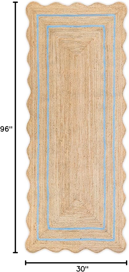 Scalloped Jute Runner, Sky Blue, 2'6"x8'