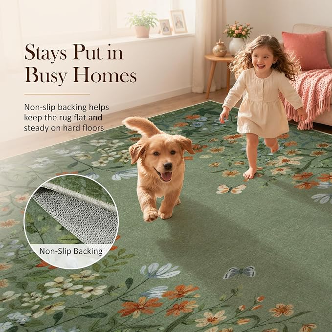 Wonnitar 2x3 Washable Area Rug, Green Floral Entryway Rug, Boho Small Non Slip Rug for Bathroom, Soft Kitchen Accent Carpet, Ultra Thin Bedside Laundry Decor (2x3 Green)