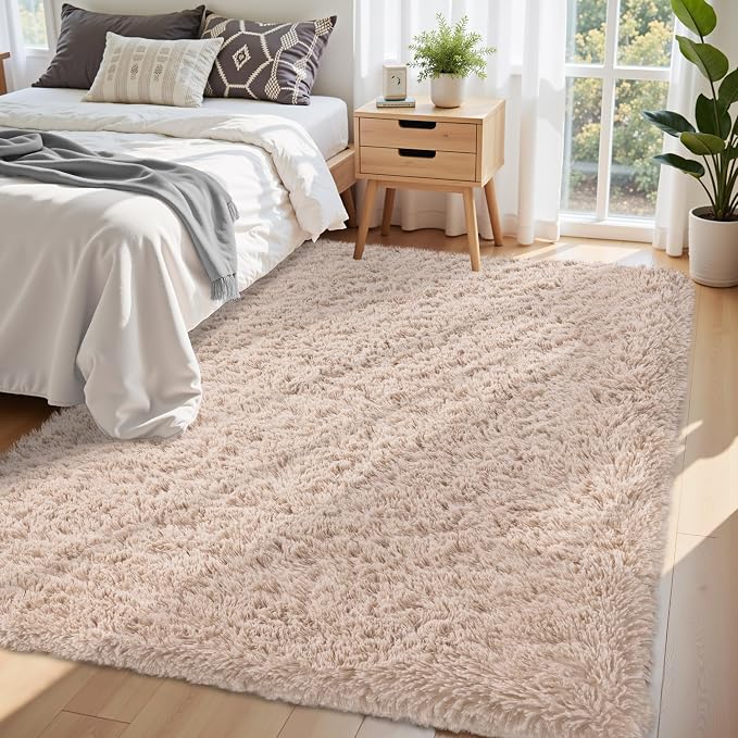 5x7 Area Rug for Living Room:Ultra Soft Fluffy Shag Beige Rugs,Large Fuzzy Plush Indoor Non Slip Carpet Washable Rug for Bedroom Kids Nursery Office Dorm Modern Decor(Beige 5'x7')