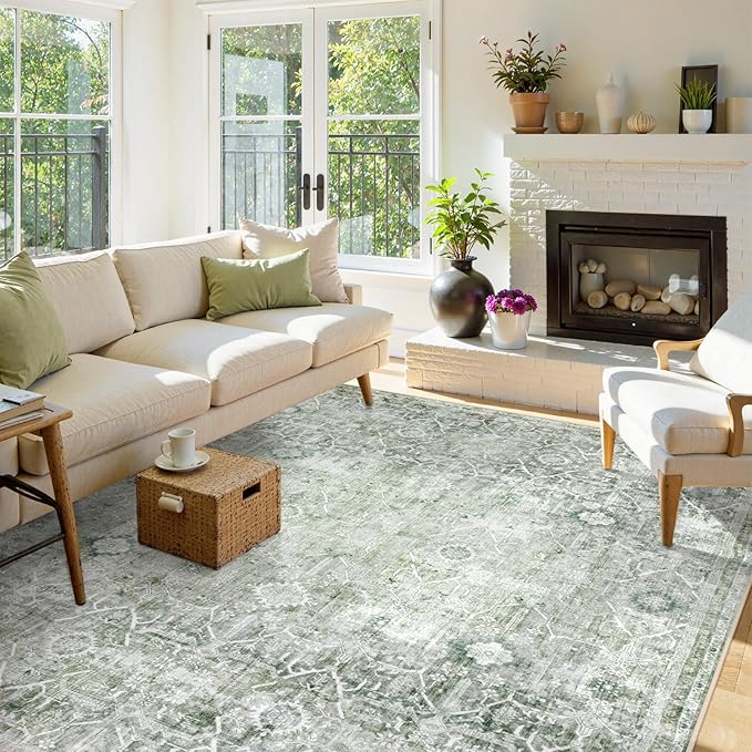 Collive Large Green Area Rug for Living Room 9x12, Washable Area Rug Non Slip Vintage Farmhouse Bedroom Carpet Stain Resistant Ultra-Thin Low Pile Aesthetic Print Floor Rug for Dining Guest Office