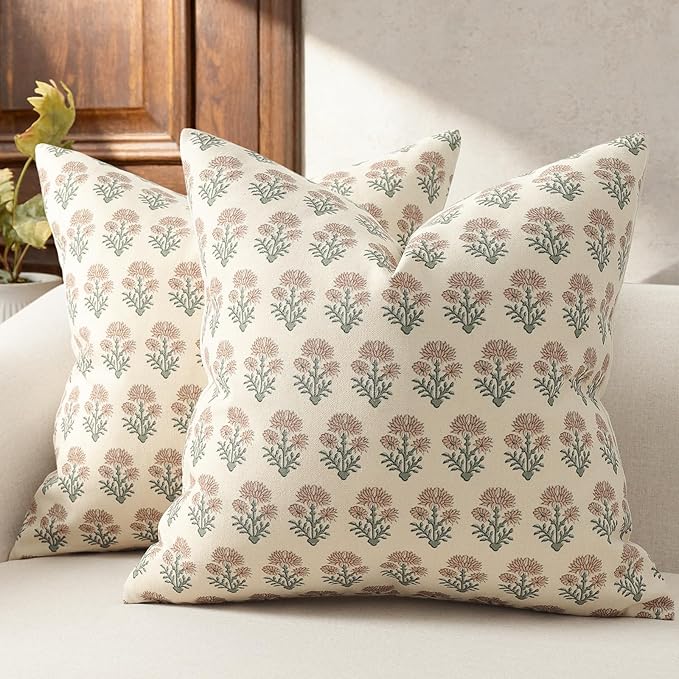 Farmhouse Floral Pillow Covers 18x18 Set of 2, Country Botanical Throw Pillow Cover for Sofa Couch Bed Living Room, Rustic Vintage Flower Cushion Covers Cottage Home Decor,Blush Sage