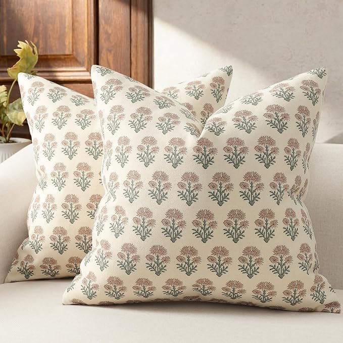 Farmhouse Floral Pillow Covers 16x16 Set of 2, Country Botanical Throw Pillow Cover for Sofa Couch Bed Living Room, Rustic Vintage Flower Cushion Covers Cottage Home Decor,Blush Sage