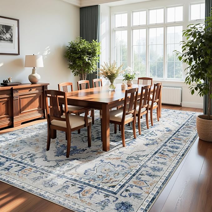 Joydeco 9x12 Area Rugs for Living Room, Non Slip Machine Washable Vintage Rug, Low Pile Chenille Print Rugs for Bedroom, Dining Room, Home Office, Pet & Child Friendly, Blue&Grey