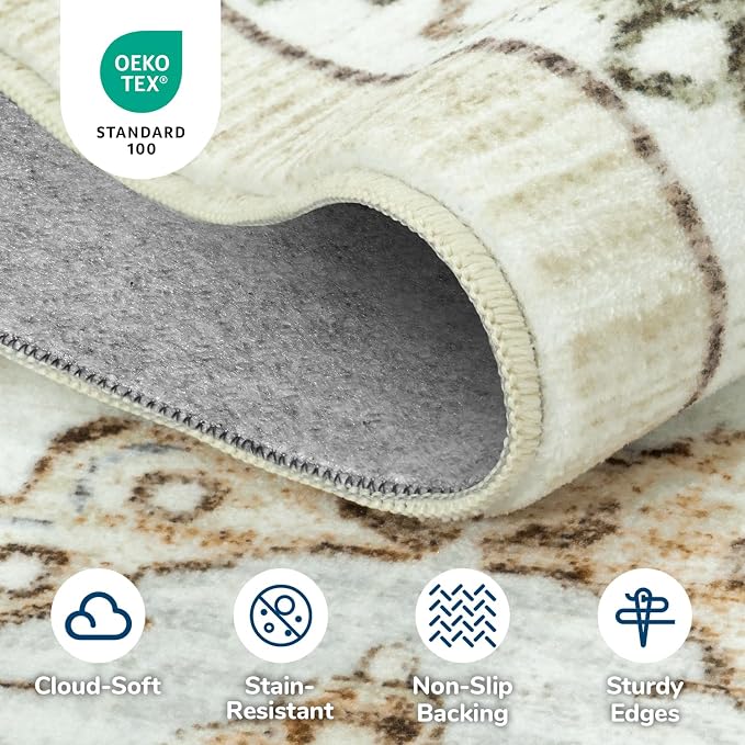 Lessymo 8 x 10 Area Rugs for Living Room, Machine Washable Area Rugs Boho Faux Wool Low Pile Area Rug for Bedroom, Floral Medallion Vintage Rugs with Non-Slip Rubber, Kid & Pet Friendly,Beige