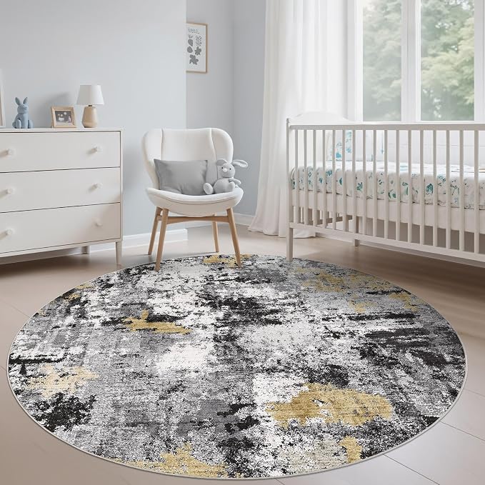 Abstract 8FT Round Rug: Machine Washable Non Slip Ultra Thin Low-Pile Carpet, Soft Stain Resistant for Living Dining Room Bedroom, Kid Pet Friendly, Robot Vacuum Compatible - Black Gold