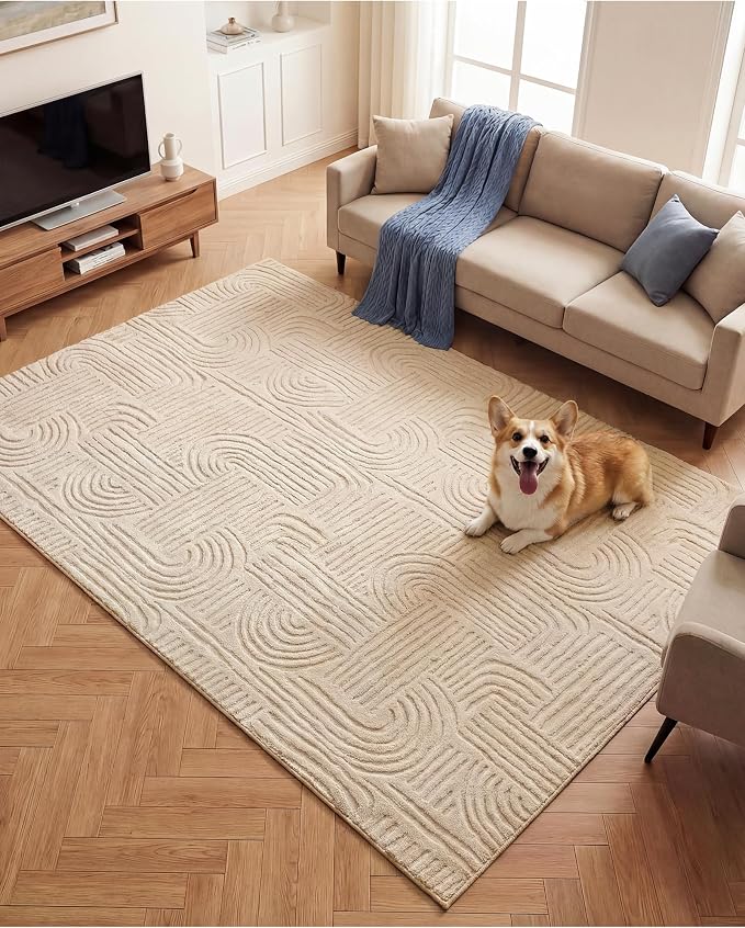 Carvapet 6x9 Area Rug - Beige Modern Geometric Maze 3D High Low Pile Texture Floor Carpet, Luxurious Washable Soft Plush Rug with Skid-Resistant Backing for Living Room Dining Room