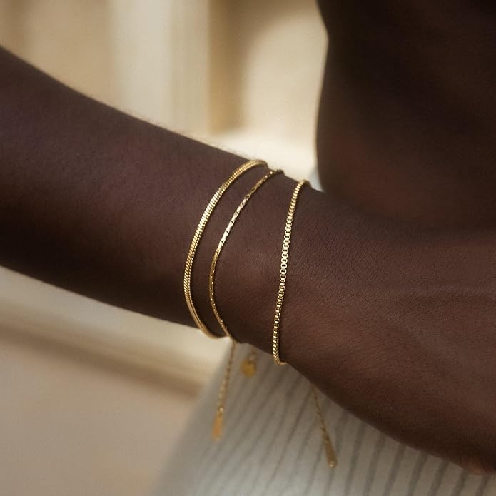 Mens Bracelet - Dainty Gold/Silver Chain Bracelet Stack 14K Gold Plated Silver Bracelets for Men Stainless Steel Adjustable Cross Charm Cuban Link Bracelet Snake Jewelry Set to Men Dad Birthday Day