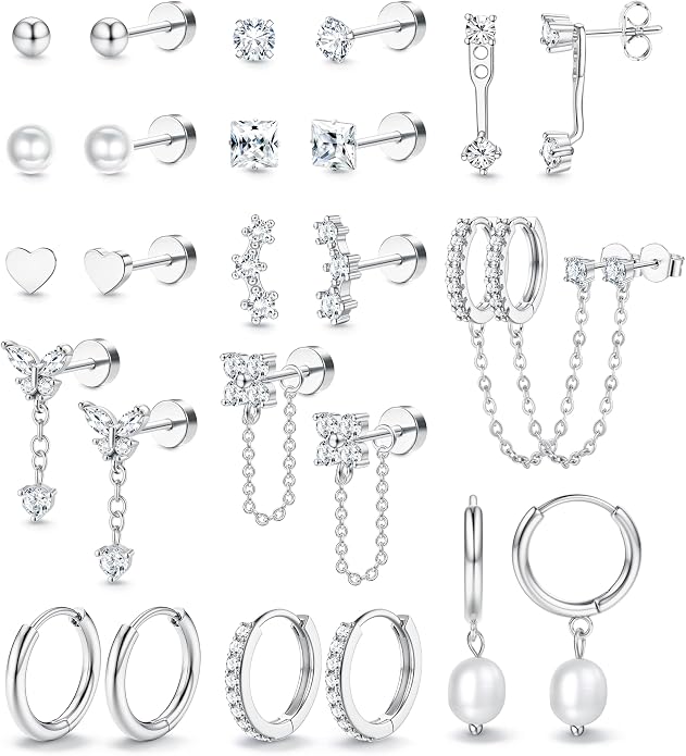 LOLIAS Hypoallergenic Flat Back Earrings Set for Women-Surgical Stainless Steel Earrings for Sensitive Ears-14K Gold Plated Chain Cartilage Earring Stacks Flatback Stud Hoop Earring Sets for Multiple Piercing Jewelry