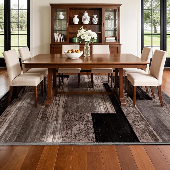 LIANLAM 5x7 Washable Area Rugs for Living Room and Bedroom(5x7,Chocolate) | Non-Slip Large Carpet,Vintage Checkered Pattern, Stain Resistant Faux Wool Low Pile Soft Rug for Dining Room,Office,Nursery